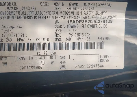 2018 Ford Focus S из США, поврежденный, VIN 1FADP3E20JL279139